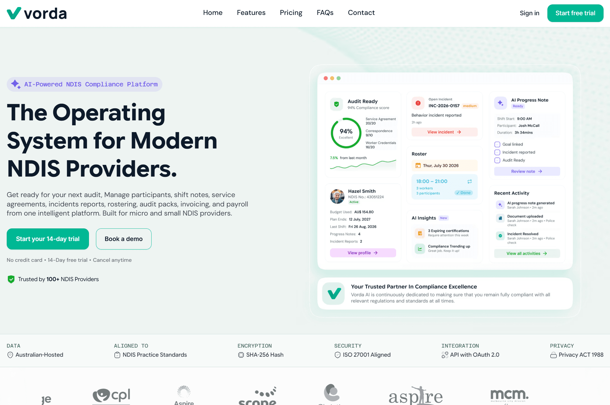 Vorda AI-powered NDIS compliance platform landing page and operations dashboard